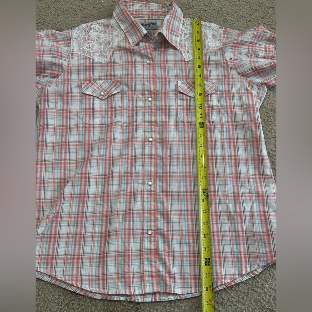 Wrangler Women’s Rancher Shirt Pink Plaid Lace Accents Pearl Snap Large - Picture 5 of 6